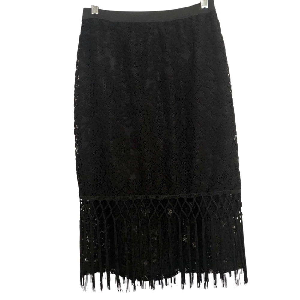 Black Bohemian Lace & Fringe Midi Skirt Size L Boho Festival Witchy Whimsigoth